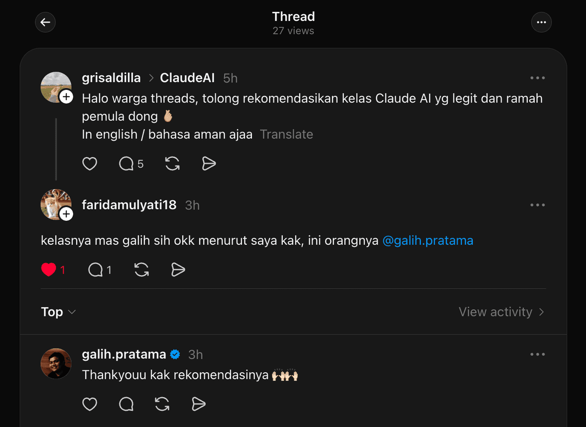 Threads — faridamulyati18 merekomendasikan KelasClaude