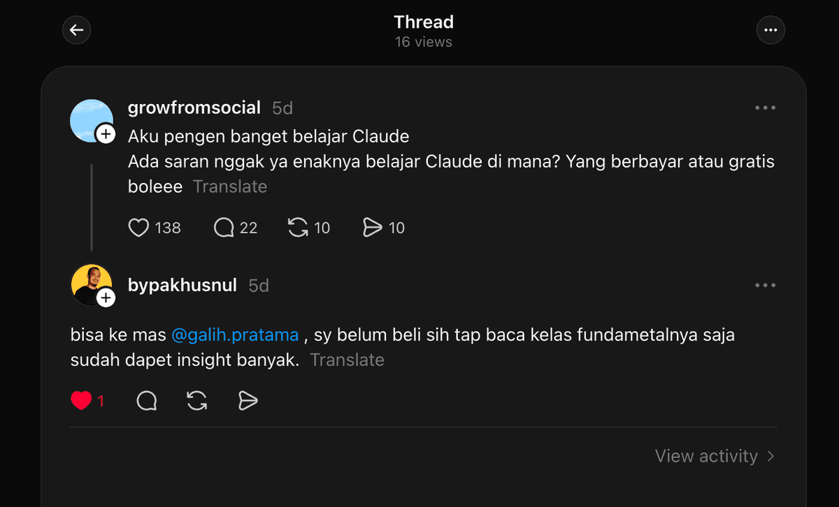 Threads — bypakhusnul sudah dapat banyak insight dari kelas fundamental