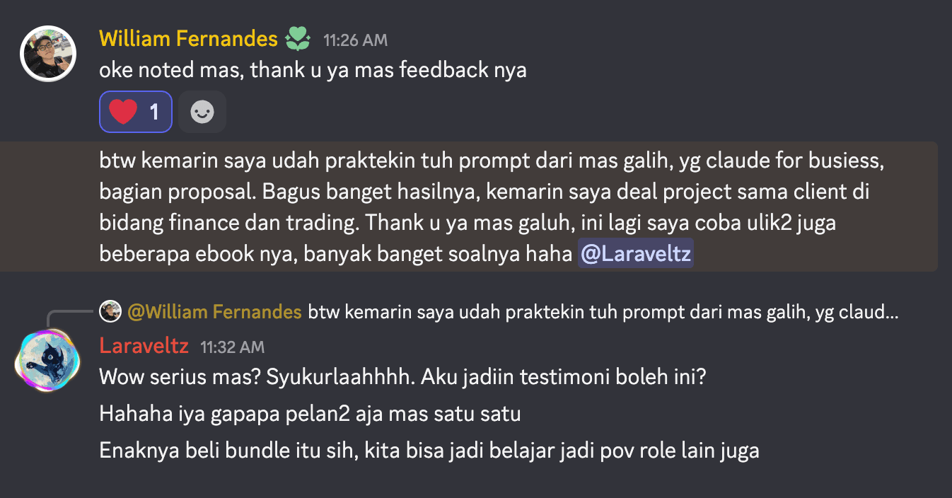 Discord — William Fernandes deal project finance & trading pakai prompt dari KelasClaude